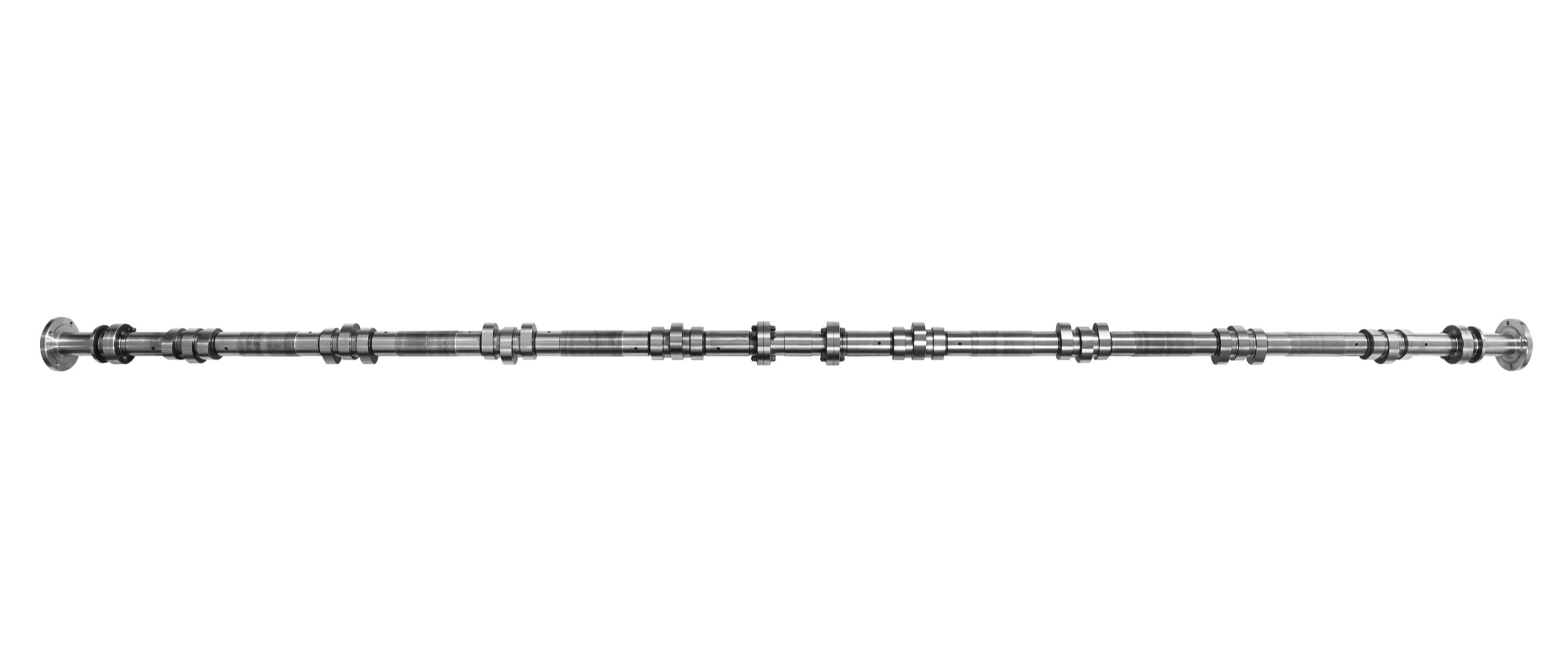 Long locomotive camshaft with multiple cam lobes and end flanges, for ALCO and EMD engine applications