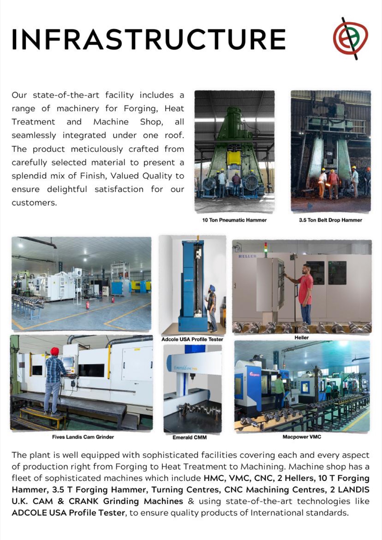 Bal Overseas manufacturing infrastructure: pneumatic and belt drop forging hammers, Heller machining centres, Fives Landis cam grinder, Emerald CMM, Macpower VMC and an Adcole USA profile tester