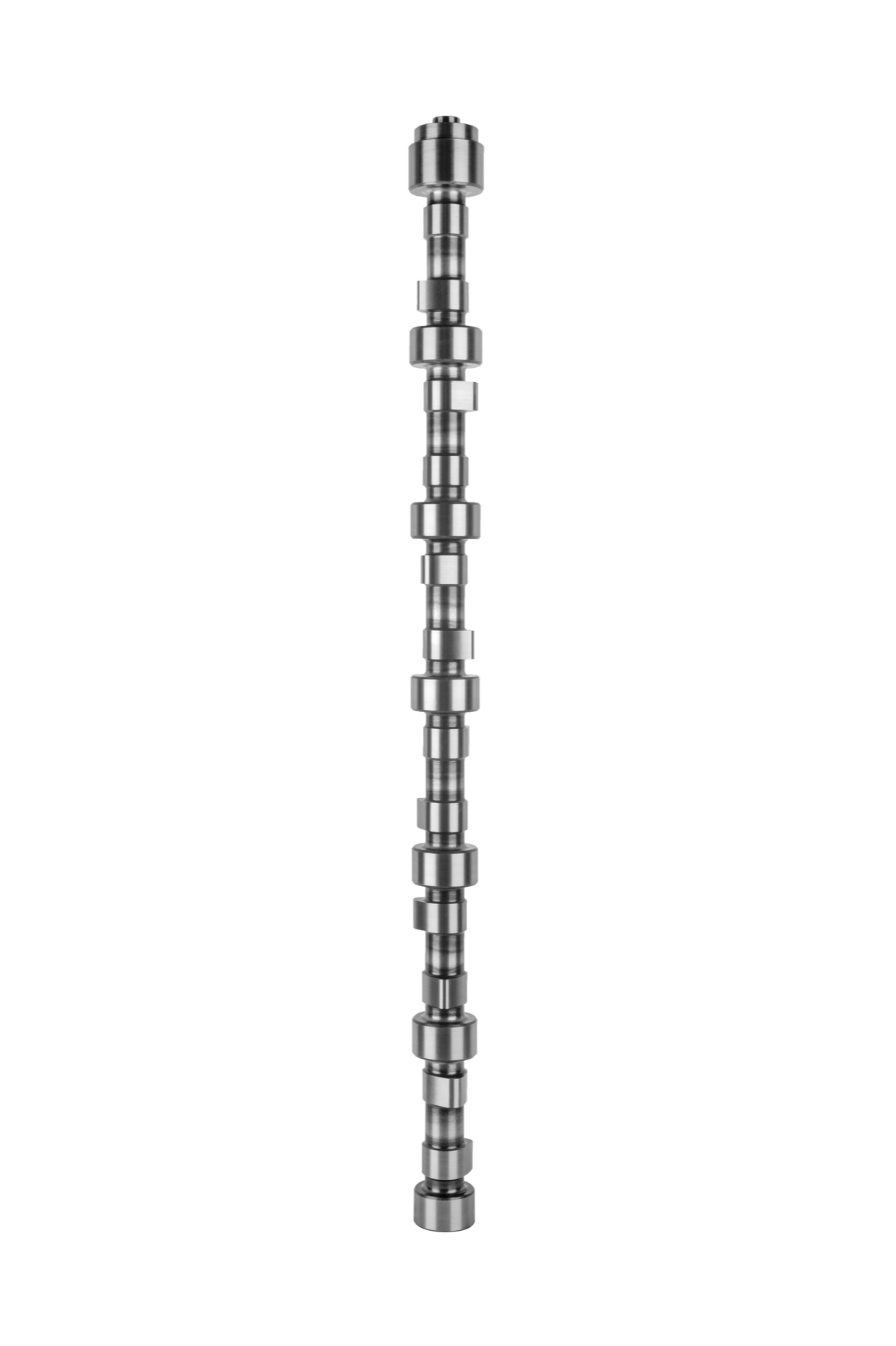 Finished camshaft for a Volvo N10 engine application, shown vertically with ground lobes and bearing journals