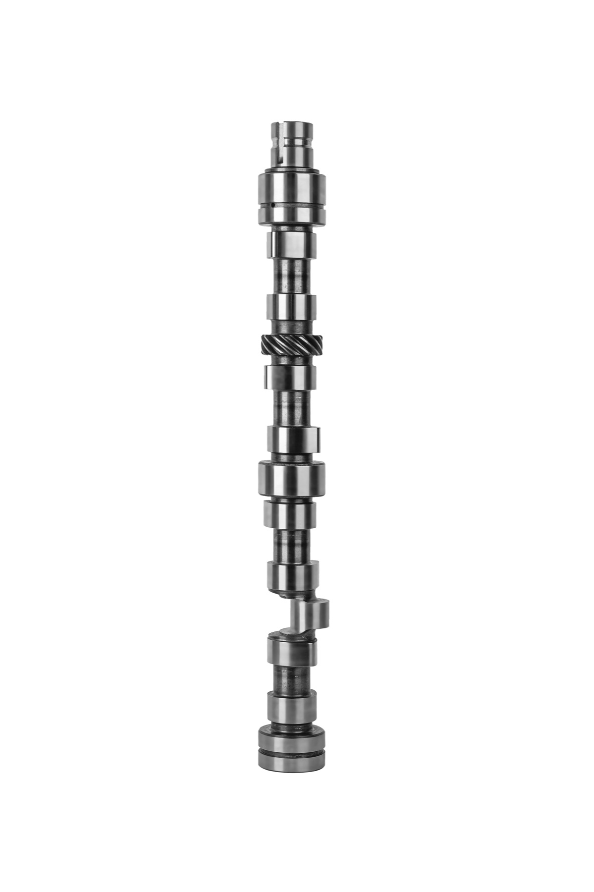 Finished Mercedes-Benz OM-314 camshaft with ground lobes, journals and helical drive gear